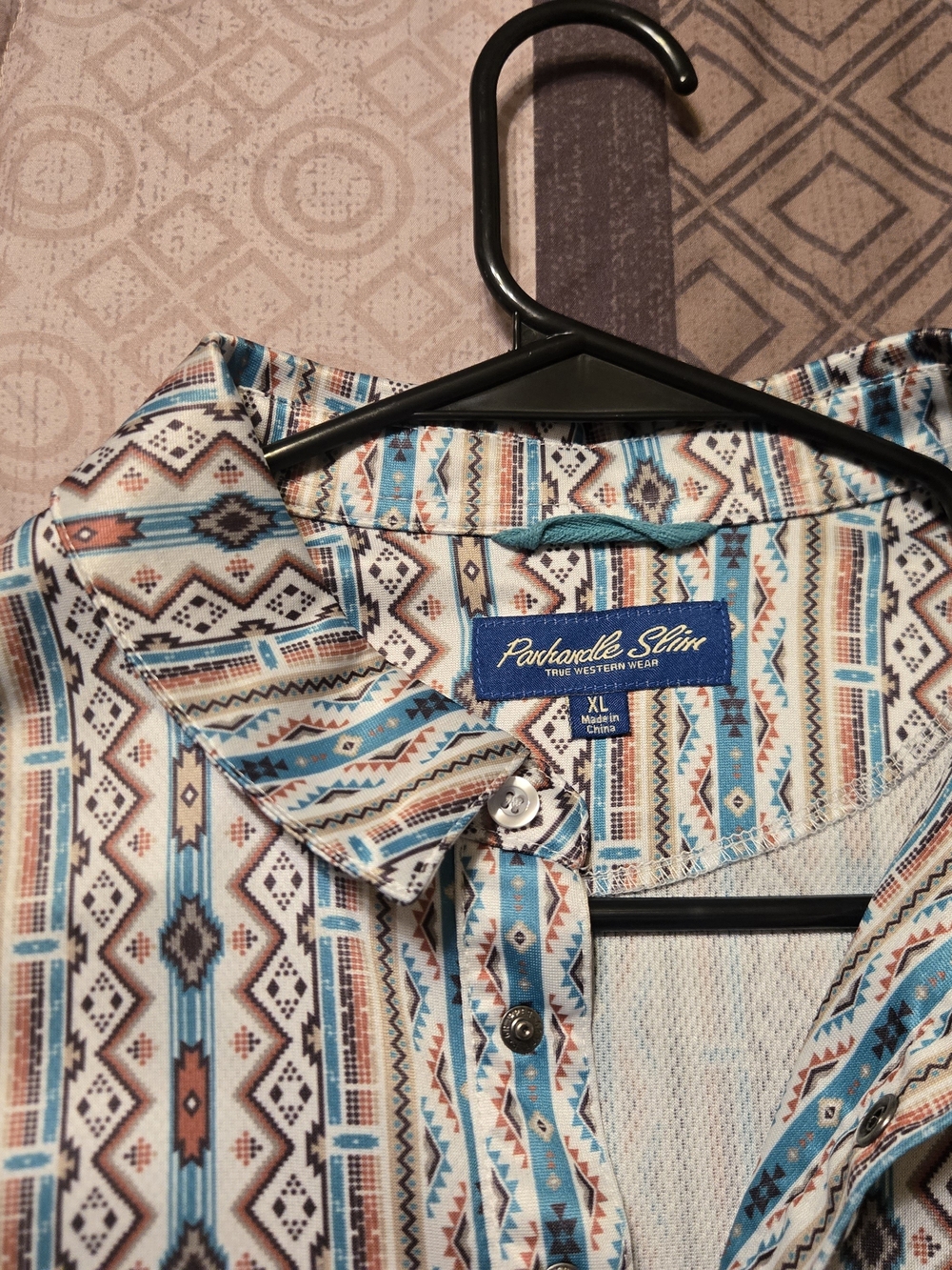 XL Panhandle Slim Teal, Brown & White Southwestern Polo Shirt - Picture 2 of 5